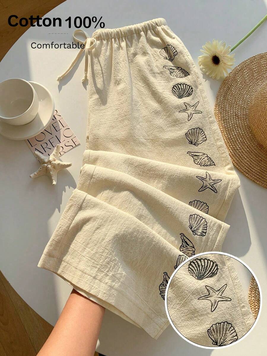 Comfortcana 女士夏季抽绳腰带海星贝壳印花休闲百搭阔腿裤，适合日常穿着 - 杏色 - 查看 1