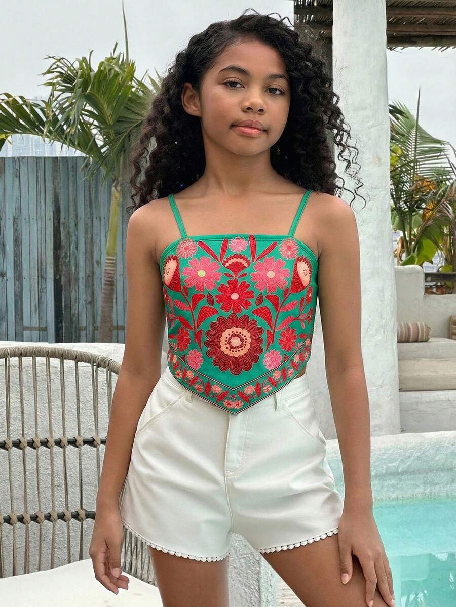 SHEIN Tween Girl Cute Floral & Cartoon Print Camisole Camisole, Vacation,Mothers Day Outfit,Graduation,Mommy And Me Matching Outfits,Mothers Day Outfit,Graduation,Mommy And Me Matching Outfits - Green - View 1
