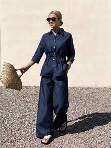 DAZY Women's Collared Waist Drawstring Denim Shirt And Loose Straight Leg Jeans Casual Denim Suit - Dark Wash - View 5