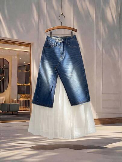 GlowEve 女士网纱拼接纽扣装饰百搭牛仔迷你裙，适合约会和外出穿着