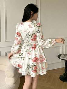 Celisse Women's Spring/Summer Sexy Vacation Floral Print Deep V-Neck Lantern Sleeve Waist Cinched Multi-Tier Hem Dress - Multicolor - View 2