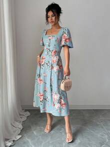 Vestido elegante de mujer con estampado floral, cuello cuadrado y mangas de vuelo ideal para vacaciones - Azul - Ver 3
