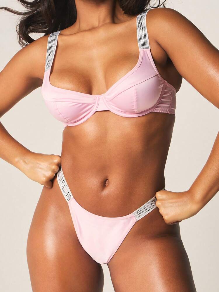 Missguided x Playboy Luxurious Diamante Strap Satin Plunge Bra And Thong Panty Set With Rhinestone Embellished Straps For Intimate Occasions, Sexy Outfit