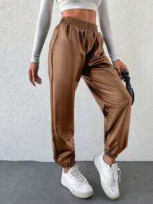 SHEIN Cottnline بنطلون جوجر نسائي ذو خصر مطاطي مع جيوب، لون أحادي، متعدد الاستخدامات للارتداء اليومي - بيج - مشاهدة 5
