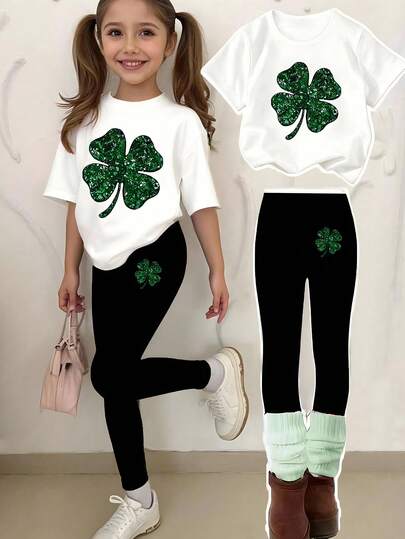 2 pièces/Set Tenue de la Fête de la Saint-Patrick pour jeune fille, T-shirt à manches courtes blanc avec imprimé de trèfle frais et nœud + leggings noirs, ensemble de vêtements pour enfants doux avec design coordonné de trèfle et nœud, convient pour les sorties casual, les loisirs et les jeux