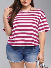 SHEIN Essnce Tricou de vară pentru femei plus size, casual, lejer, cu dungi, spate fără mâneci scurte, îmbrăcăminte de vară pentru femei, topuri drăguțe pentru femei, topuri de vară, top halter, top alb-negru, femei scurte, top scurt, tricou pentru femei, topuri pentru femei, ținute de vară - Roz fierbinte - Vizualizare 4