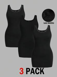 SHEIN Essnce Plus Size Solid Color Lace Patchwork Sleeveless Round Neck Tank Top, Summer Tops - Black - View 3