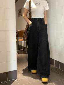 DAZY 女士水钻装饰休闲街头风做旧牛仔裤 - 黑色 - 查看 7