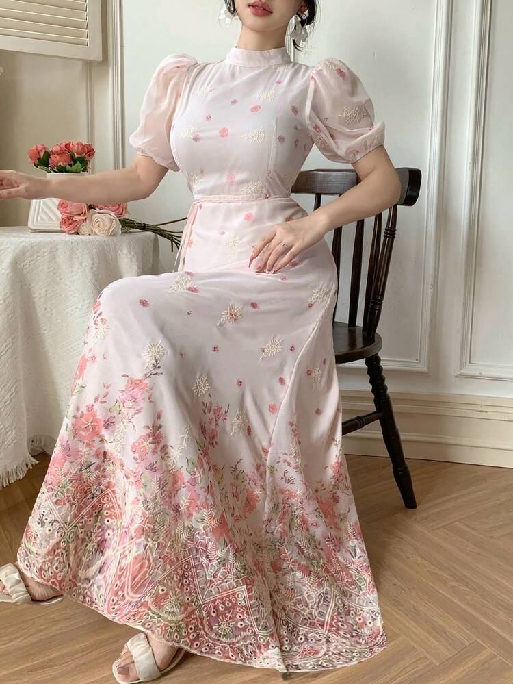 Spring & Summer Ditsy Floral Lace Dress, Pink, Suitable For Valentine's Day, Wedding, Party, Formal Occasion, Fashion, Elegant, Waist-Cinched, Flared Skirt, Long Sleeve, Mid-Length Dress For Women Sundress