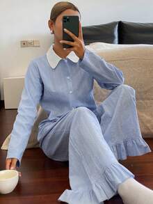 DAZY Women's Contrast Color Collar Patchwork Polka Dot Fabric Ruffle Trim Pajama Set - Blue - View 6