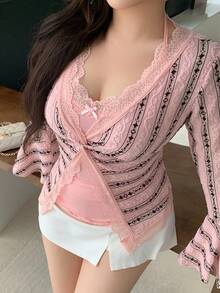 Dazy Plus 两件套加大码女式撞色拼接方领短袖上衣和宽松长裤睡衣套装，夏季休闲家居服套装 - 淺粉色 - 查看 1