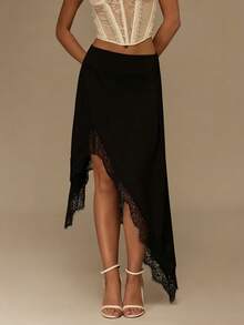 Glamine Women's New Elegant Embroidered Contrast Lace Asymmetrical Skirt, Spring/Summer - Black - View 4
