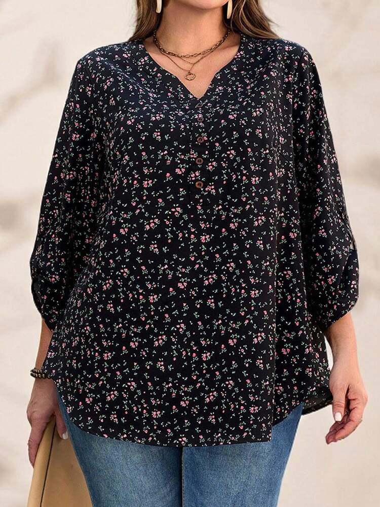 Plus Size Women's Summer Casual Vacation Floral Print Notched Collar Casual Roll-Up Sleeve Blouse, Early Spring/Valentine's Day, Spring Break,Vacation,Holiday,Spring,Going Out,2026 New,Simple And Fashionable For Everyday Wear