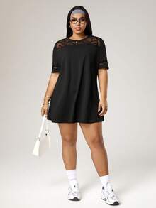 SHEIN Sports 大码女式休闲圆领短袖迷你连衣裙 - 黑色 - 查看 7