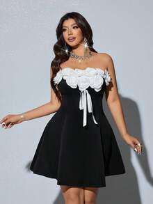 Viva Relle Plus Size Fashion 3D Rose Flower Bow Tie Bandage Cocktail Mini Dress - Black - View 3