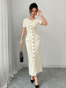 Elenzga 女士春夏派对、都市、社交名媛、法式时尚、甜美、性感修身短袖开衫连衣裙，新款休闲日常拼接圆领纽扣针织黑白撞色长裙，度假 - Pearl White - 查看 5