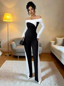 SHEIN PETITE Women's Off-Shoulder Color Block Fitted Jumpsuit With Flared Pants, Suitable For Dates And Outings - Black and White - View 7