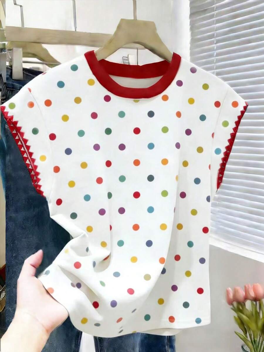 Resyla Women's Raglan Sleeve Round Neck Patchwork Short Sleeve T-Shirt - Multicolor - View 1