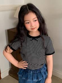 DAZY Girls (Small) Round Neck Striped Short Sleeve Casual T-Shirt, Fall - Black and White - View 6