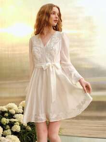 MOTF PREMIUM WOMEN'S V-NECK WAIST GATHERED HEM EMBROIDERED SHORT DRESS, SPRING/SUMMER - White - View 8