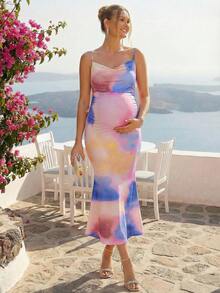 Loomaby 孕妇垂褶领扎染印花鱼尾下摆修身优雅吊带连衣裙 - 彩色 - 查看 4