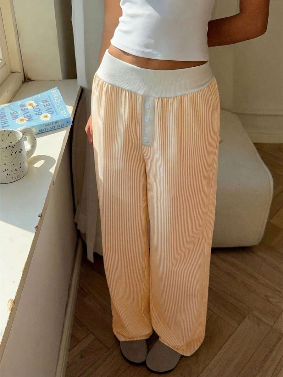 SHEIN EZwear 女士休闲黄条纹撞色白阔腿裤，春夏款 - 黃色 - 查看 1