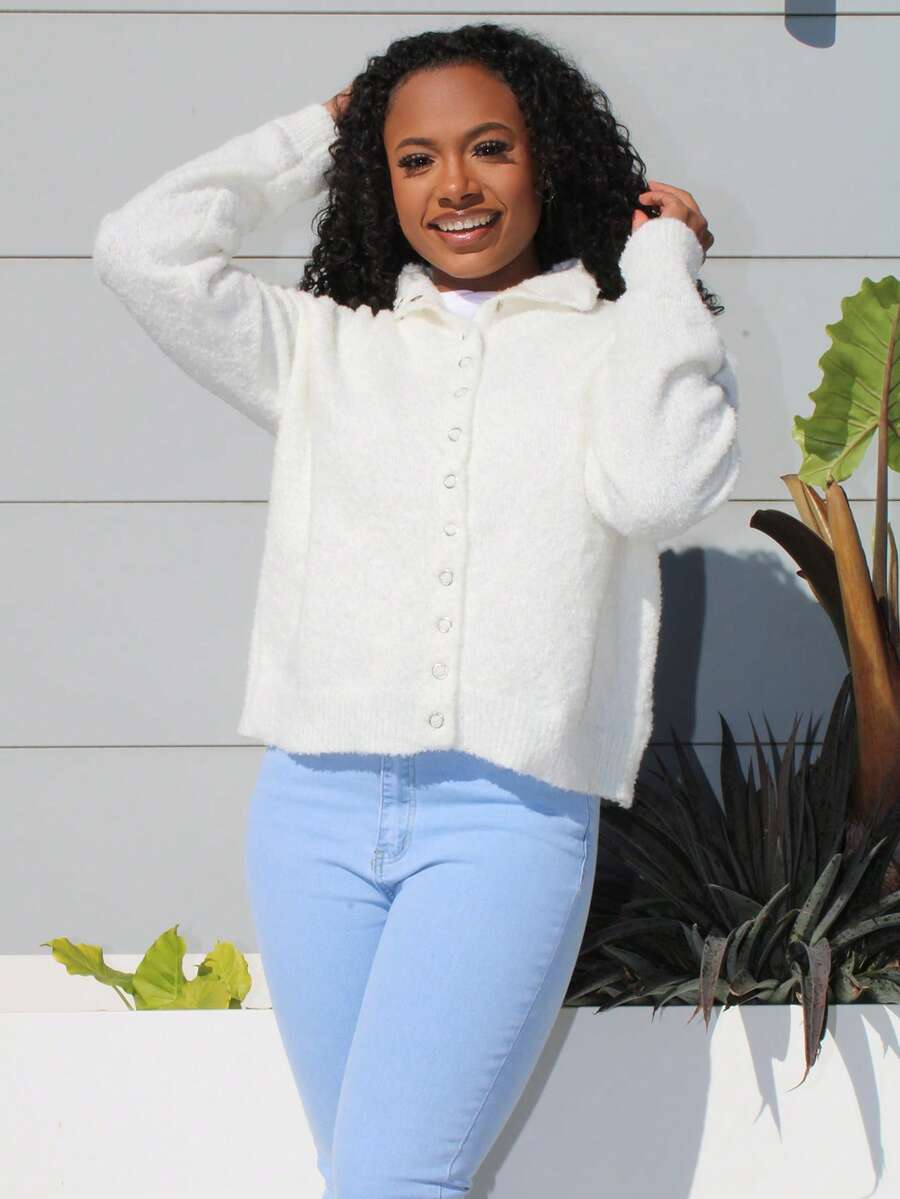 Steph T Funnel Neck Fluffy Knit Long Sleeve Cardigan Classy Cute Sexy Streetwear Fall Autumn Night Out - White - View 1