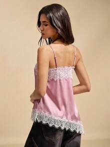 Easelle Áo hai dây nữ kiểu vintage phối màu tương phản, vạt áo bất đối xứng, chất liệu ren, thích hợp cho các bữa tiệc mùa hè và ngày Valentine. - Hồng - Xem 2