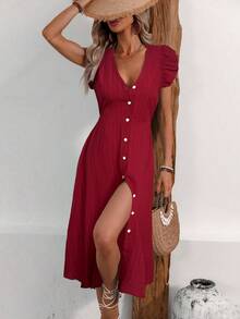 Balvessa 女士提花短袖单排扣休闲连衣裙 - 酒紅色 - 查看 3