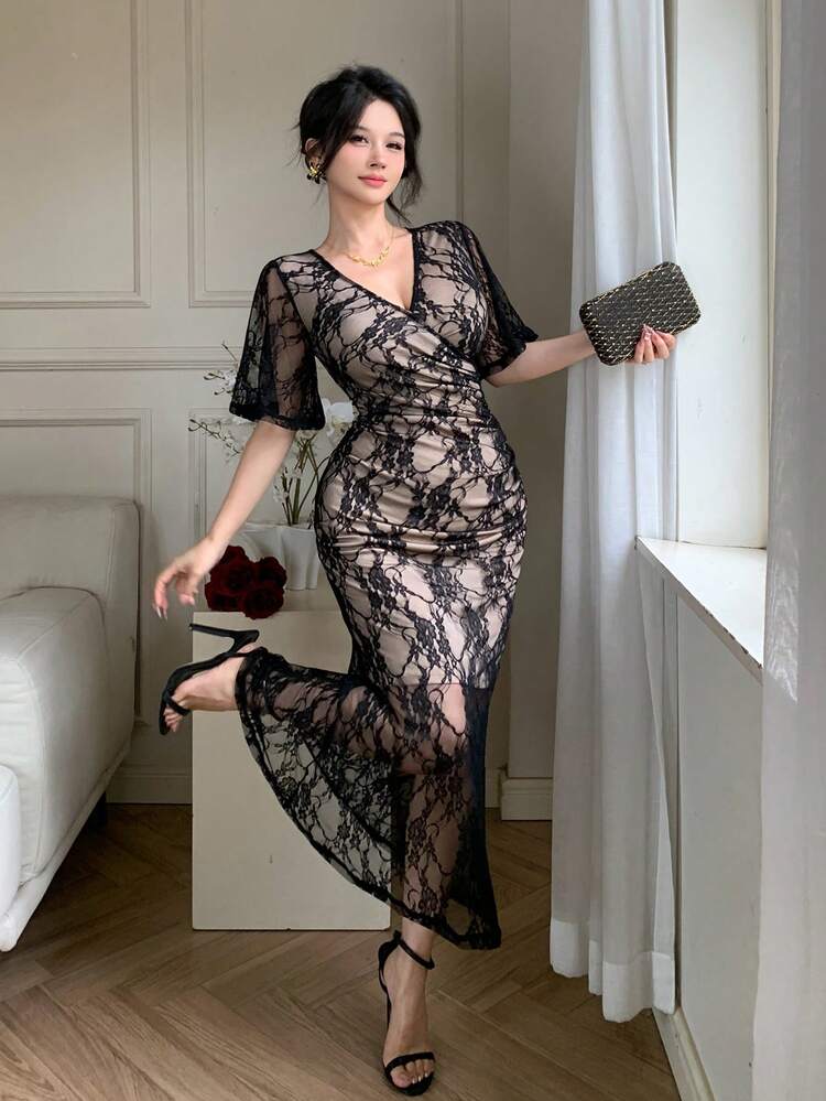 Spring/Summer Black Lace Dress, Elegant For Valentine's Day, Wedding, Party, Formal Occasion, Fashion Event, Commute, Flared Sleeve, Waist Cinched, Mermaid Hem, Sheer Mesh Long Sleeve Midi Dress For Women Sundress