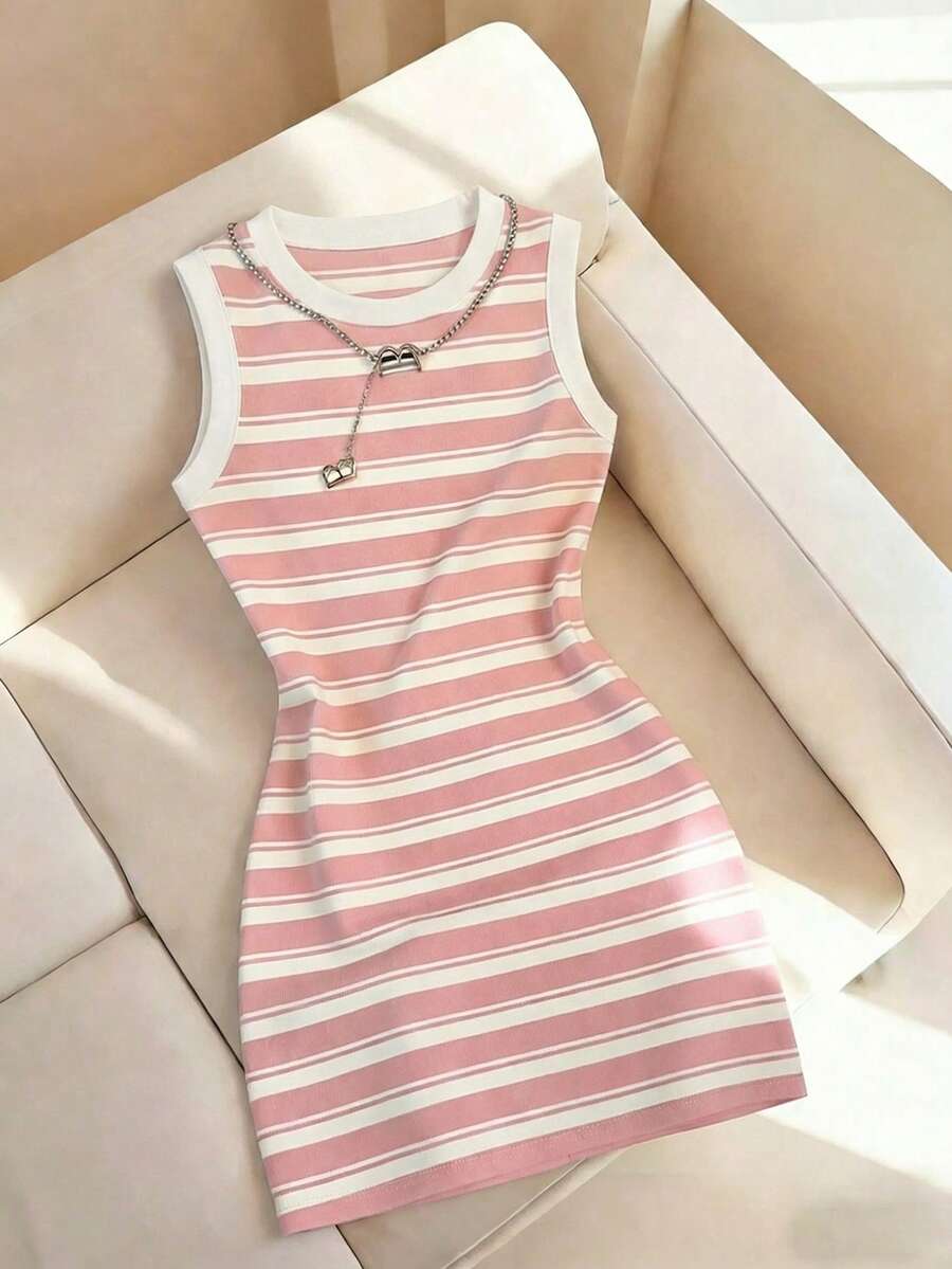 Resyla 女士新款条纹印花圆领修身无袖连衣裙，春夏款 - 彩色 - 查看 1