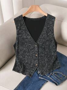 CosyJoli 大码女式V领单排扣休闲水洗面料背心 - 黑色 - 查看 1