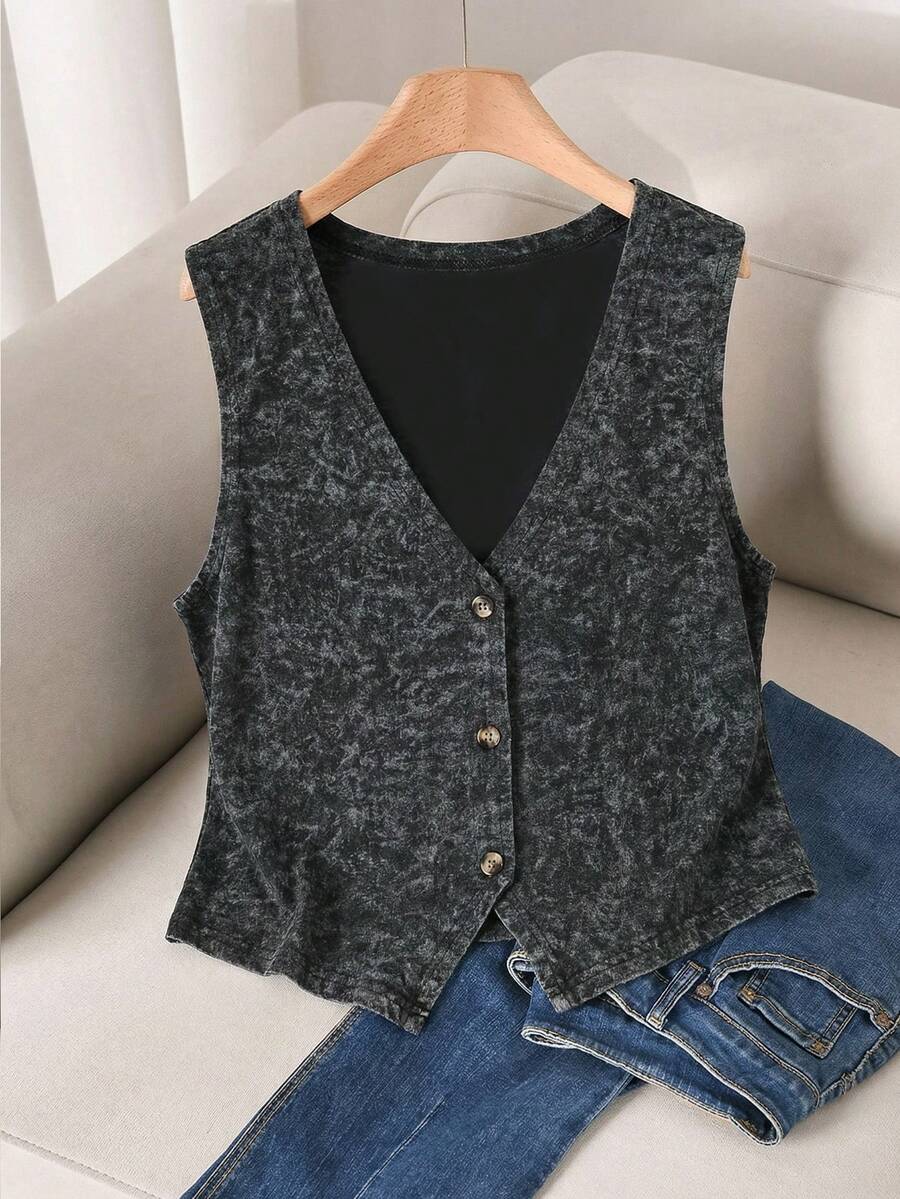 CosyJoli 大码女式V领单排扣休闲水洗面料背心 - 黑色 - 查看 1