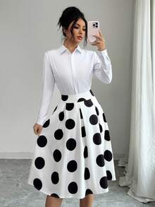 Elenzga 时尚波点女式半身裙，休闲百搭，适合聚会和通勤。 - 黑與白 - 查看 1