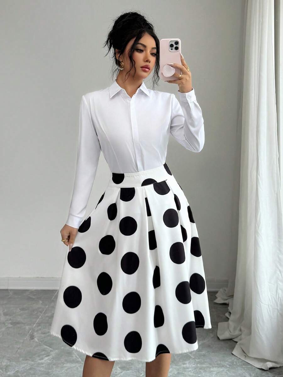 Elenzga 时尚波点女式半身裙，休闲百搭，适合聚会和通勤。 - 黑與白 - 查看 1