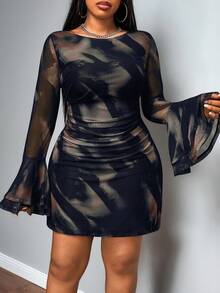 Truni Plus Size Women's Mini Long Sleeve Stretchy Dress, Tie-Dye Printed Dress, For Pear And Triangle Body Shape - Burgundy - View 2