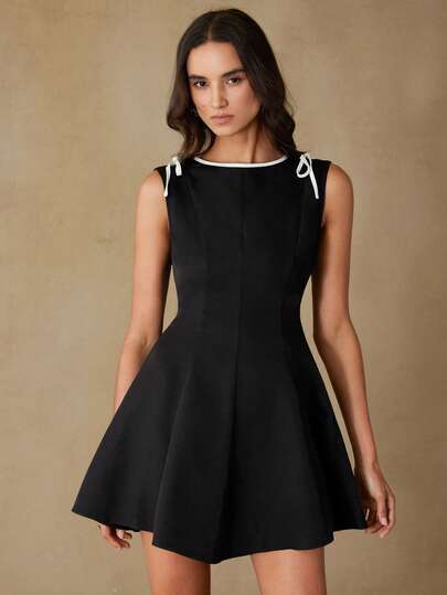 Aveloria Rosie Cute Bow Tie Decor Round Neck Cap Sleeve Dress, Bubble Sleeves With Cinched Waist And Flared Hem