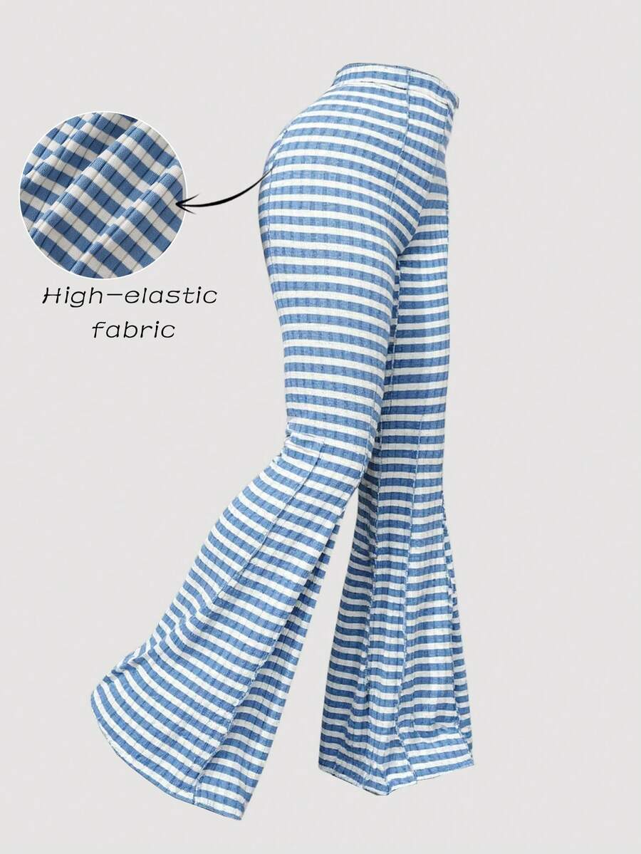 SHEIN MOD 大码女式蓝白条纹弹力腰休闲喇叭裤，秋冬季，感恩节、圣诞节、新年，条纹图案，休闲，高腰喇叭裤，睡裤 - 藍白色 - 查看 1