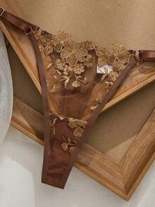 2pcs Mesh Embroidery Women's Lingerie Set - Coffee Brown - View 5