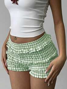Aloruh 女士格纹荷叶边休闲短裤，红白格子，春夏款 - 綠色 - 查看 4