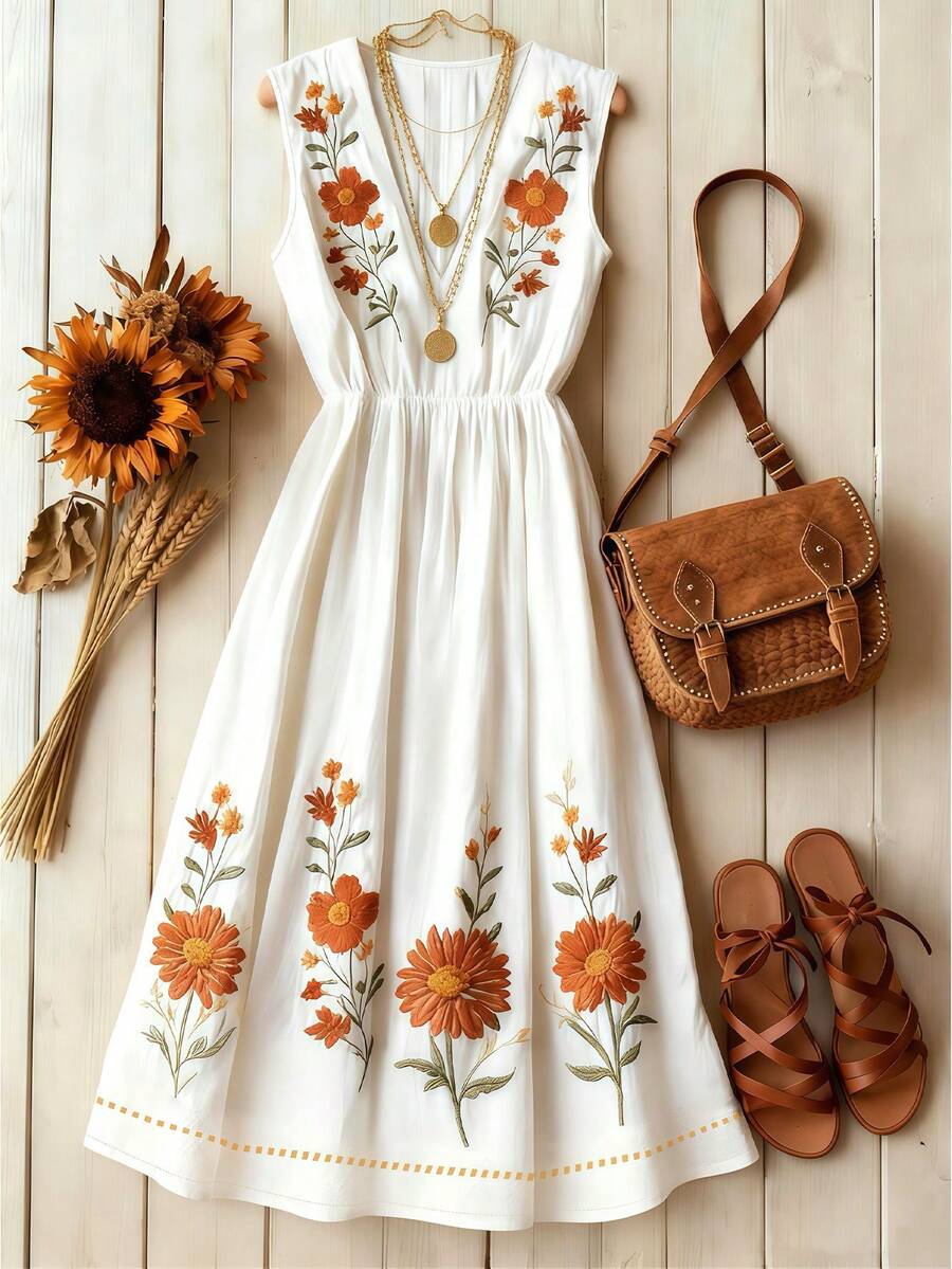 Franclia 乡村风白色无袖V领束腰连衣裙，充满艺术气息，适合夏季度假和通勤。 - 彩色 - 查看 1