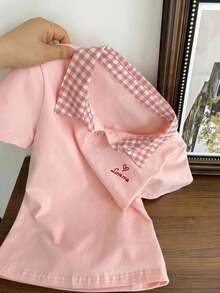 Resyla Women's Plaid Polo Collar Short Sleeve T-Shirt, Spring/Summer - Pink - View 1