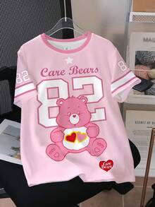 SHEIN X Care Bears 青少年女孩休閒簡約數字82卡通熊圖案短袖圓領T恤，適合秋冬穿著 - 彩色 - 查看 3
