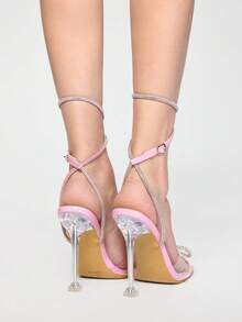 ROMWE Kawaii Women's Pink Rhinestone Embellished Bow Knot High Heeled Sandals With Strappy And Buckle, Peep-Toe, Great For Summer And Fall Parties Valentines - Pink - View 6