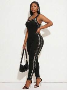 SHEIN SXY 大码方领无袖修身亮面连体裤 - 黑色 - 查看 5