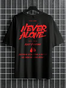 Manfinity LEGND Plus Size Men's Casual Fashionable Street Slogan Print Loose Fit Black T-Shirt, Summer - Black - View 5