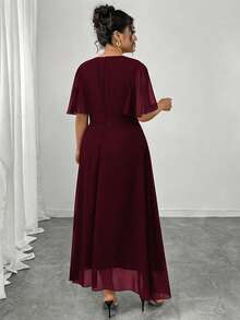 Modelyn Plus Size Women Elegant Round Neck Ruffle Flare Sleeve Fitted Flowy Maxi Chiffon Dress, Spring/Summer - Burgundy - View 2