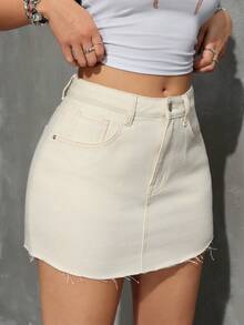 SHEIN PETITE Summer Casual Solid Color Mini Denim Skirt - Apricot - View 5