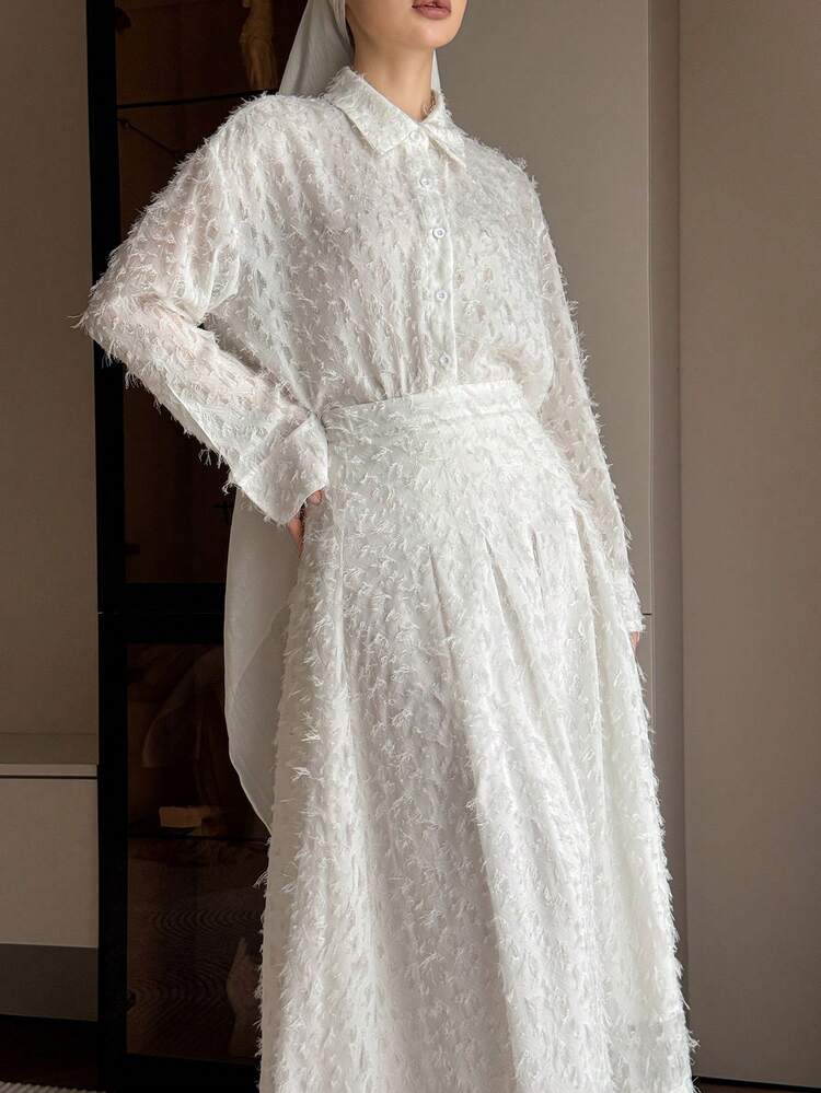 2pcs Women Casual Loose Collar White Feather Blouse And Skirt Set, Spring/Holiday