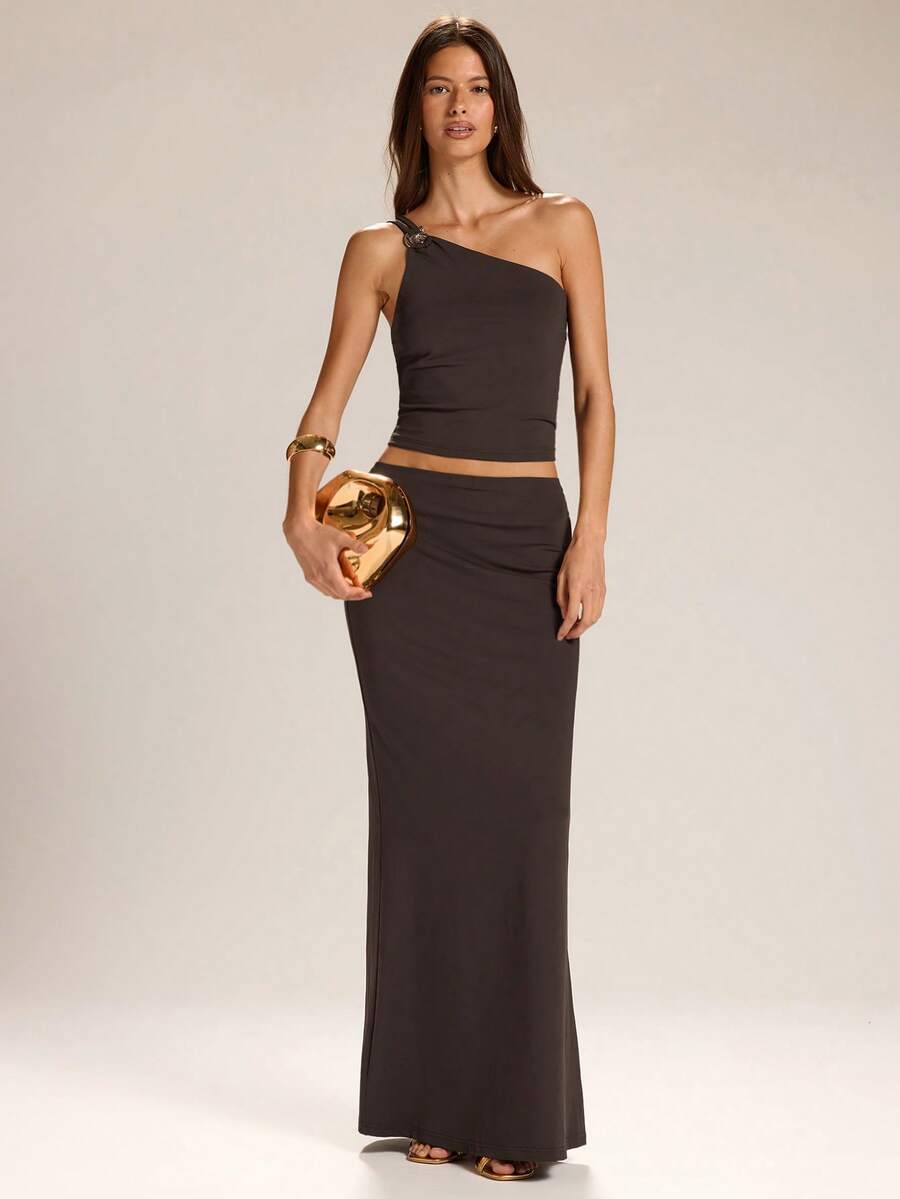 SHEIN BAE 女士棕色针织无袖吊带背心和低腰长裙套装，优雅两件套，棕色两件套 - 棕色 - 查看 1